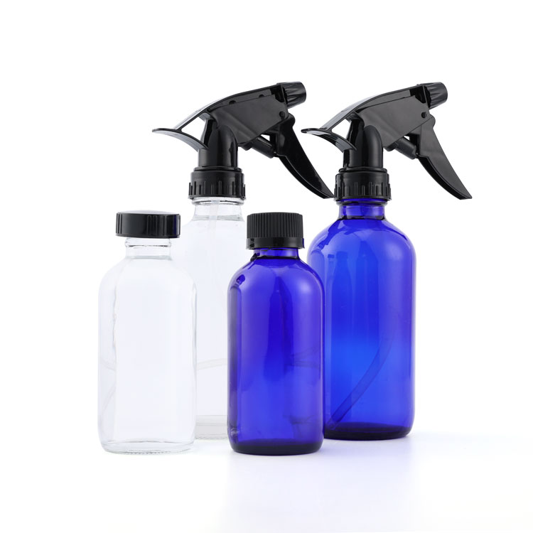 Custom 1/2 1 2 4 8 16.6 fl oz cobalt blue boston round body cosmetic oil glass trigger spray bottle for essential oils