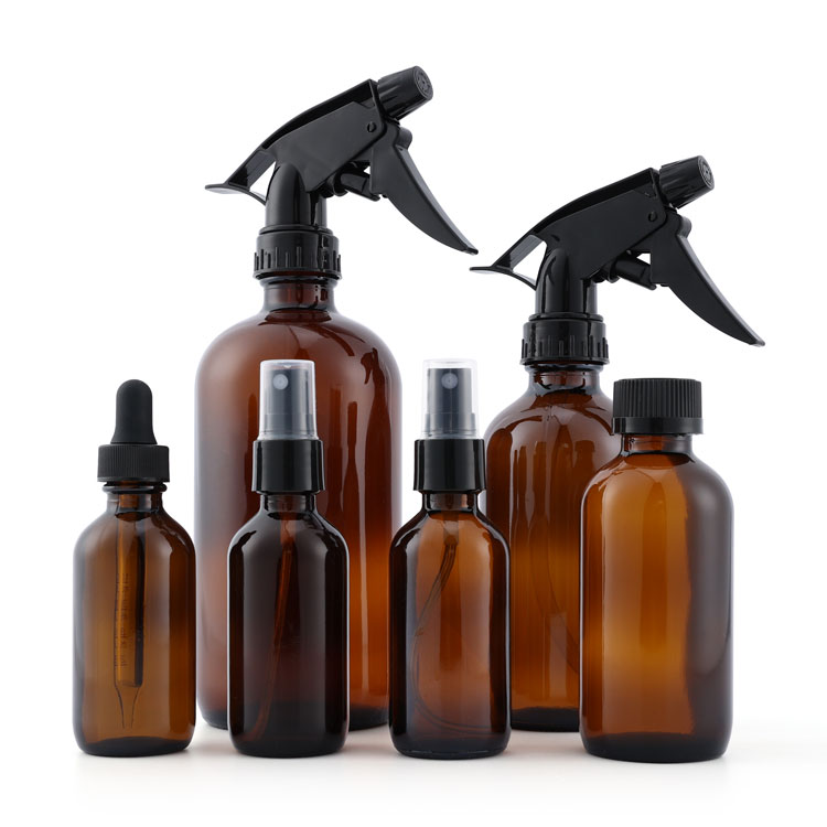 Custom 1/2 1 2 4 8 16.6 fl oz cobalt blue boston round body cosmetic oil glass trigger spray bottle for essential oils