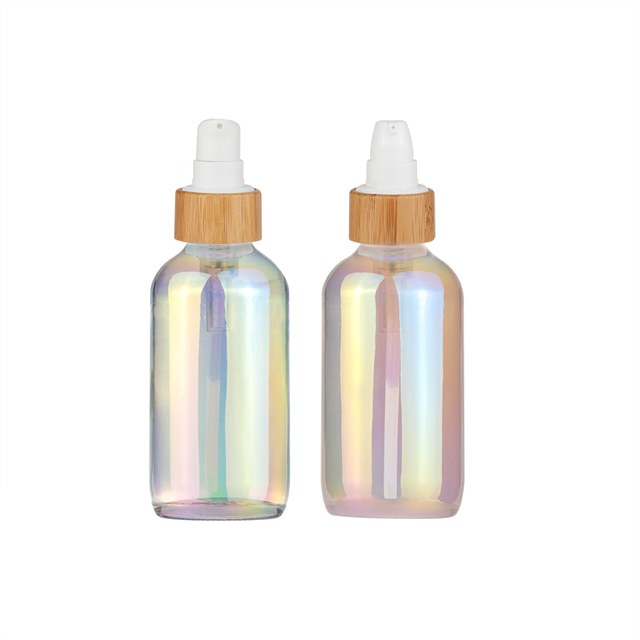 Custom 1/2 12 4 8 16 32oz empty colorful boston round glass bottles with bamboo cap and white lotion pump for cbd essential oil