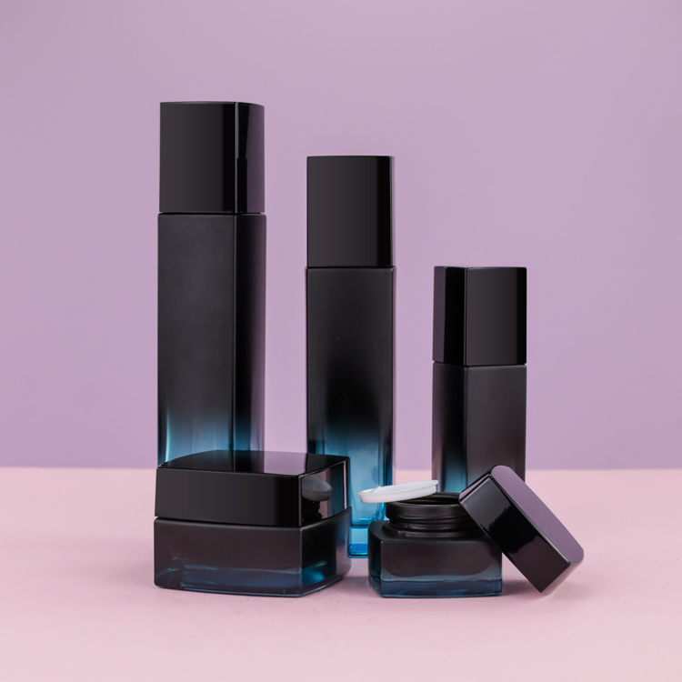 Custom 100ml Glass Toner Bottle 50g Cosmetic Cream Glass Jar Frosted Black Painting Cosmetic Square Bottle Jar Set
