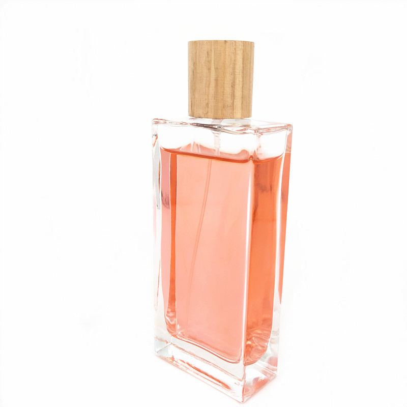 Custom 100ml perfume bottle square glass spray bottle with wooden cap