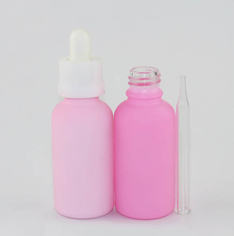 Custom 10ml 20ml 30ml 50ml printed purple pink cosmetic bottle and jar essential oil round glass dropper bottle pipette 1oz 2oz