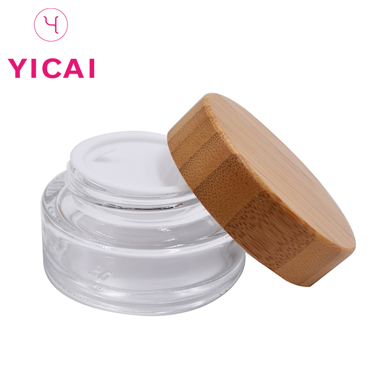 Custom 10ml 30ml 50ml wooden cover white round empty cosmetic mini  glass jar