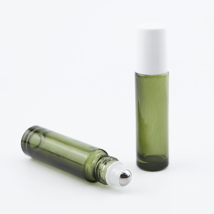 Custom 10ml olive green glass bottle with metal roller and white screw lid