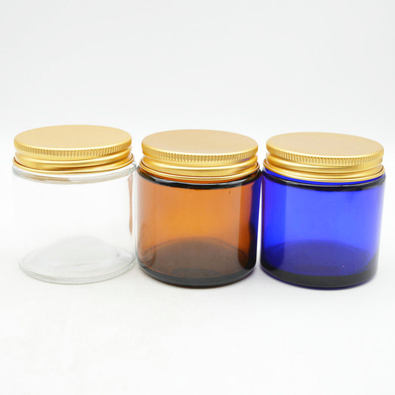 Custom 120ml  Round Empty Glass Clear Amber Cobalt Blue Cosmetic Cream Jar