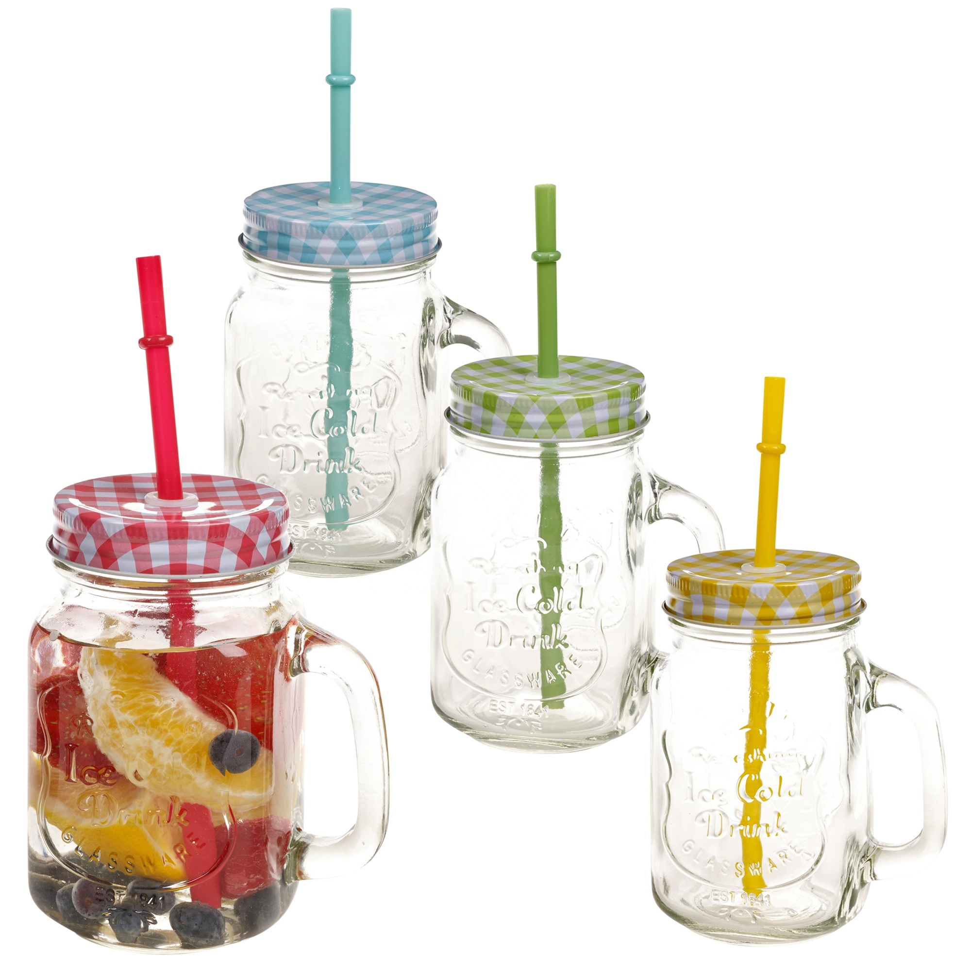 Custom 12oz 16oz glass mason jar with handle and metal lid and straws
