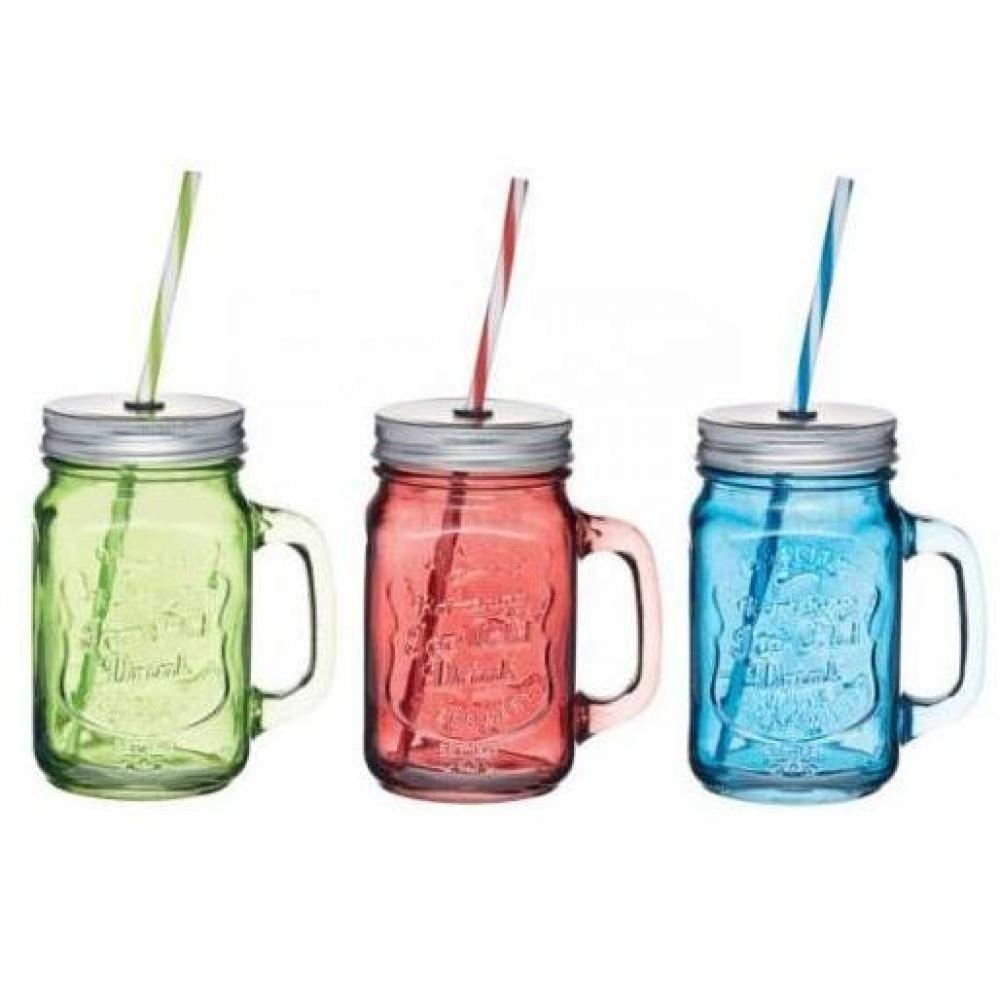 Custom 12oz 16oz glass mason jar with handle and metal lid and straws