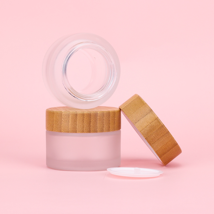 Custom 15g 30g 50g round shape empty glass facial cream jar with bamboo lid