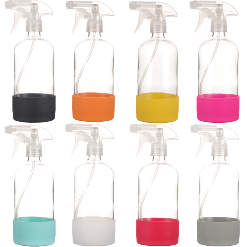 Custom 16oz Refillable Trigger 500ml Round Boston Room Glass Spray Bottle with Silicone Sleeve for Hair