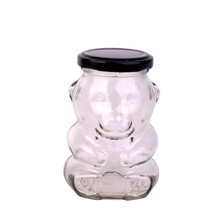 Custom 180ml 280ml bear glass jar glass candy sweet honey jam storage jar with metal lid