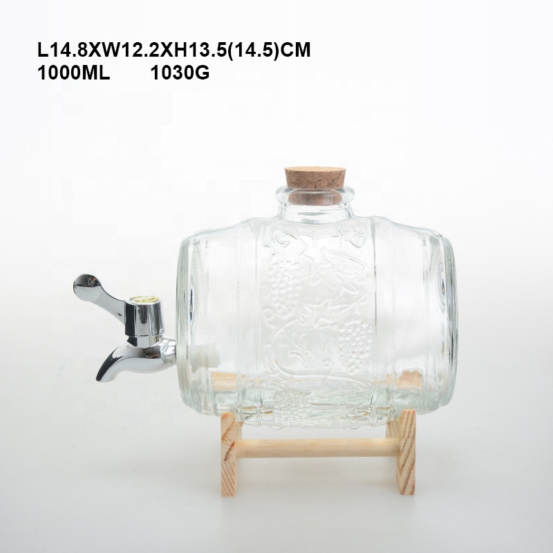 Custom 1L drum shape glass wine barrel beer barrel alcoholic beverage jar with faucet and wooden base