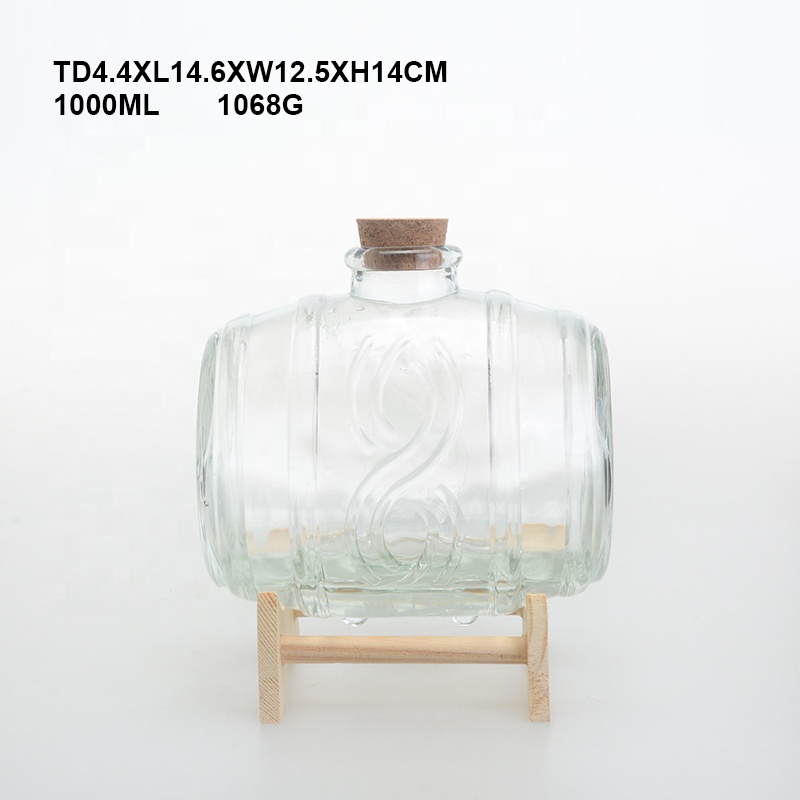 Custom 1L drum shape glass wine barrel beer barrel alcoholic beverage jar with faucet and wooden base