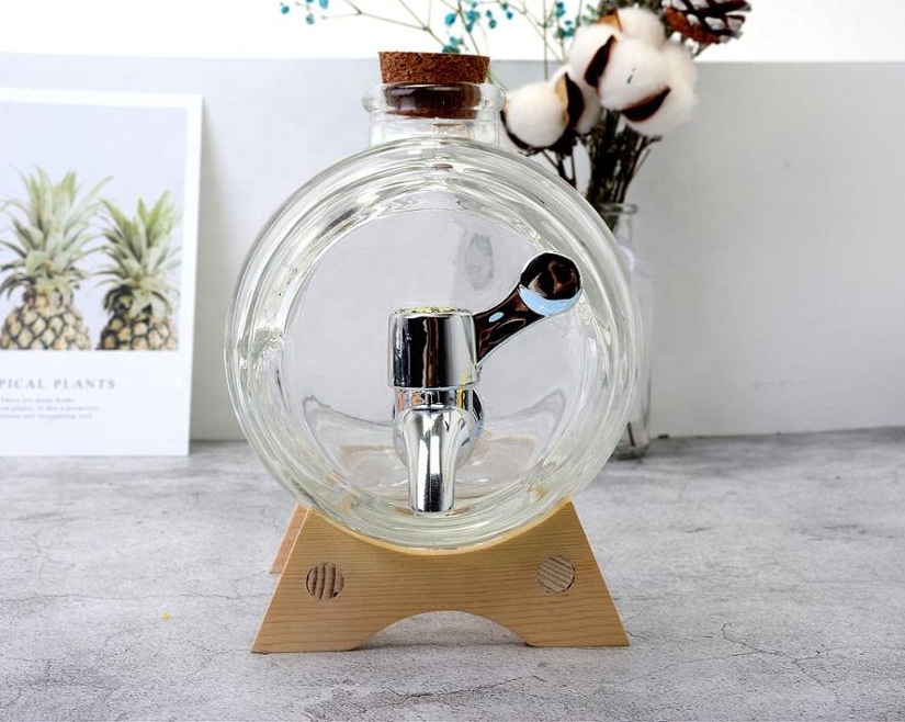 Custom 1L drum shape glass wine barrel beer barrel alcoholic beverage jar with faucet and wooden base