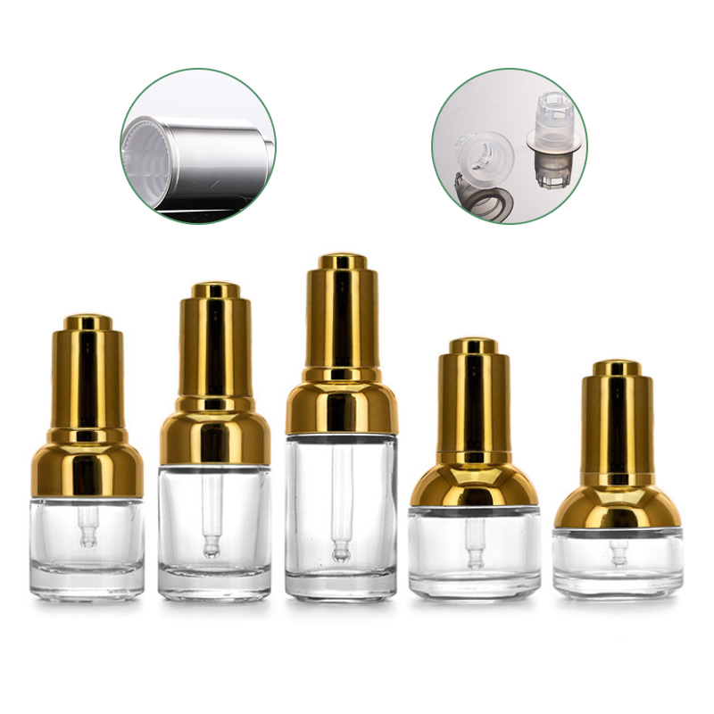 Custom 20 30 50 ml 20ml Thick Bottom Round Serum Oil Glass Bottles with Gold Dropper and Pipette for Cosmetics