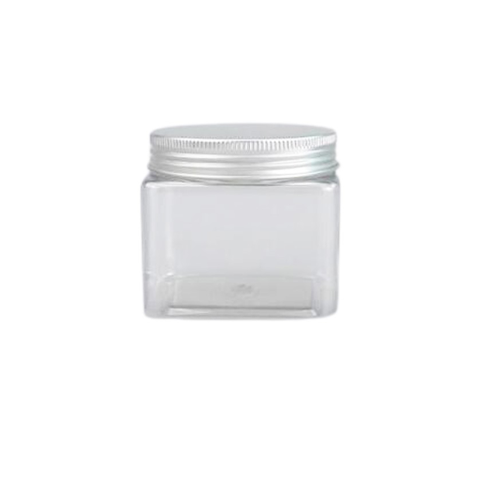 Custom 200ml Clear PET Square Jars With Aluminum Lid and Plastic Cap