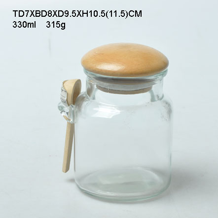 Custom 200ml glass spice jars with bamboo wooden lid and spoon