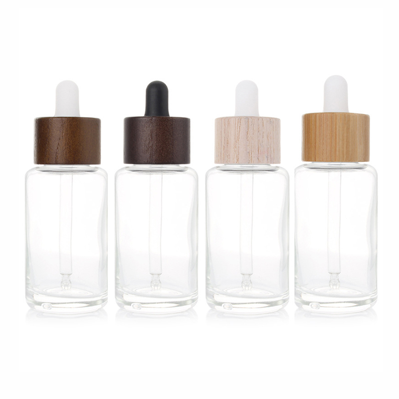 Custom 30ml 1oz wood bamboo lid glass dropper bottle serum tinctures CBD essential oil testing vial clear droplet bottle