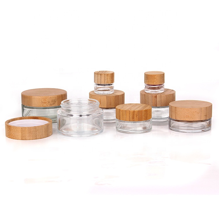 Custom 30ml 50ml cosmetic packaging glass cosmetic cream jar container with bamboo wooden lid