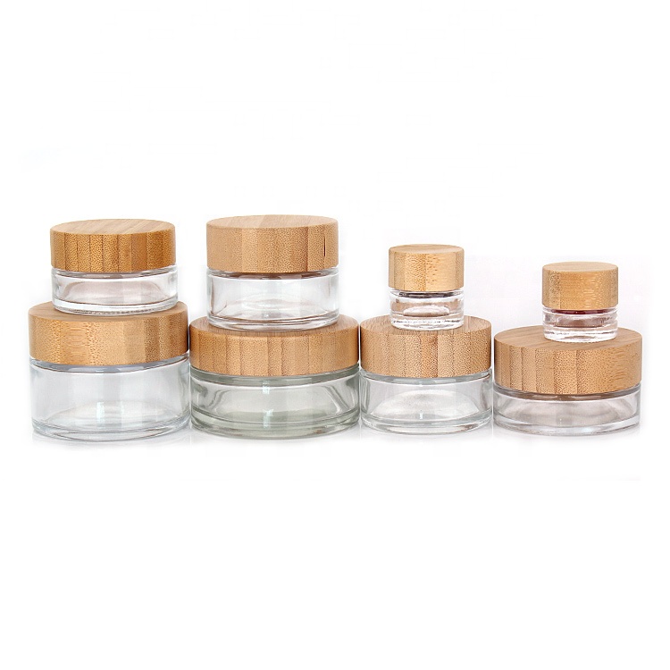 Custom 30ml 50ml cosmetic packaging glass cosmetic cream jar container with bamboo wooden lid