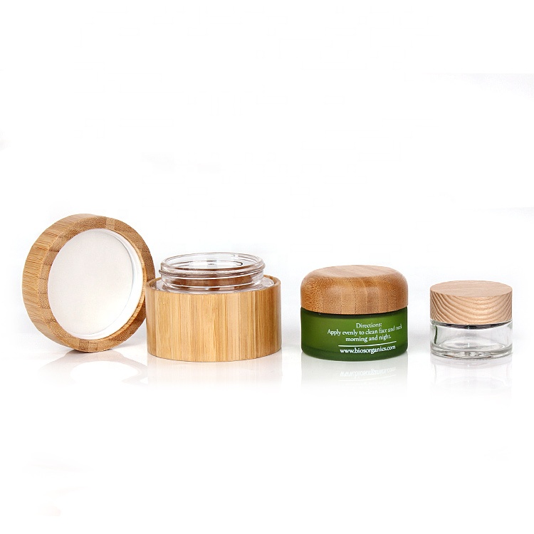 Custom 30ml 50ml cosmetic packaging glass cosmetic cream jar container with bamboo wooden lid