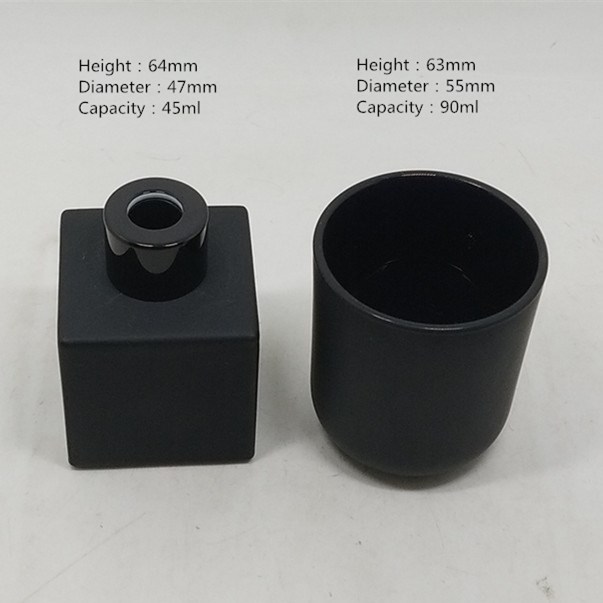 Custom 45ml 90ml matte black glass votive candle container and black square reed diffuser glass bottle