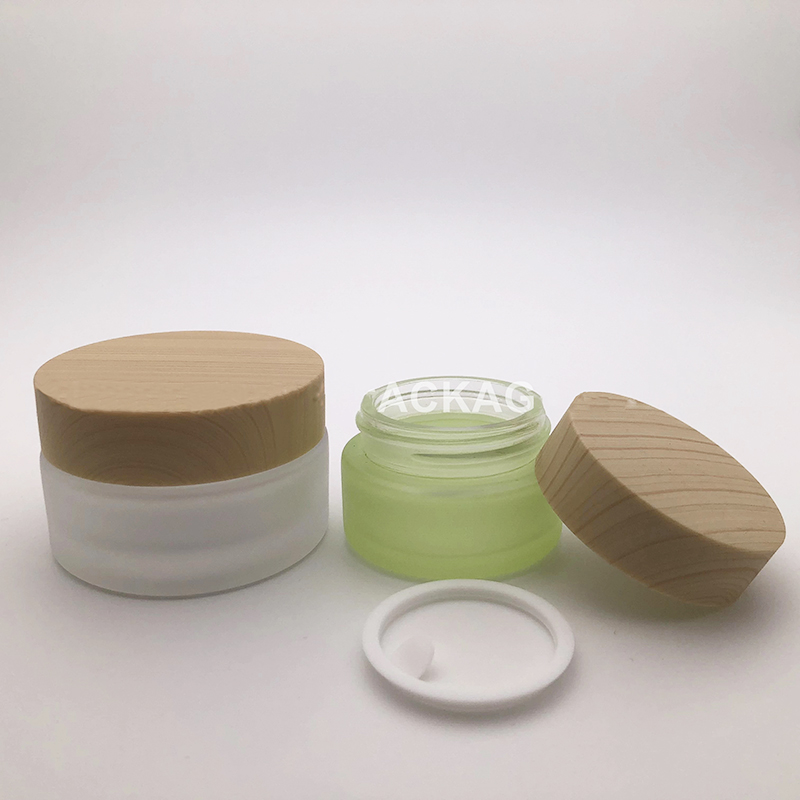 Custom 50g opal white empty cream glass jar with wood lid glass cosmetic jar custom glass jar