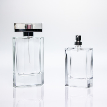 Custom 50ml 100ml Bulk Empty Elegant Crimp Flat Square Perfume Atomizer Glass Bottles