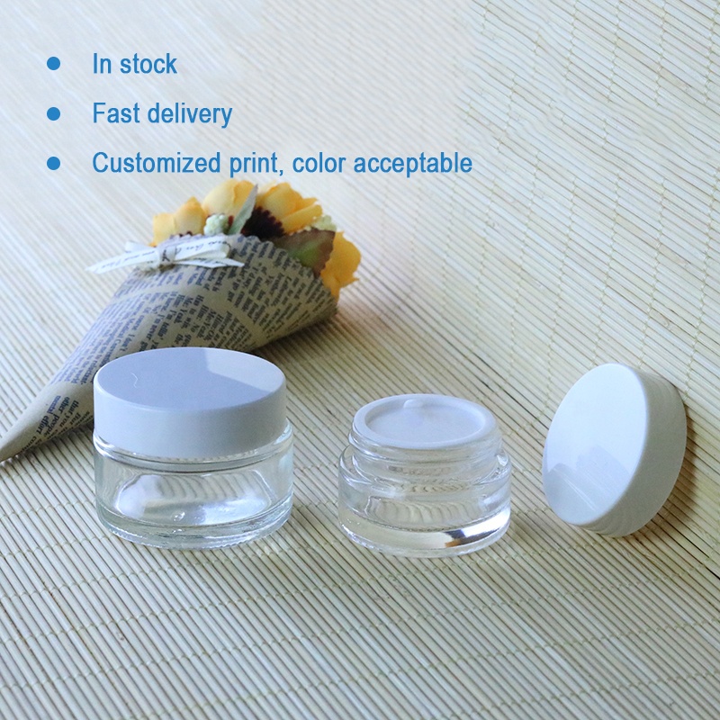Custom 5ml 10 ml 15ml 30ml 50g transparent clear skin care cosmetic glass jar with white top (GJM06 )