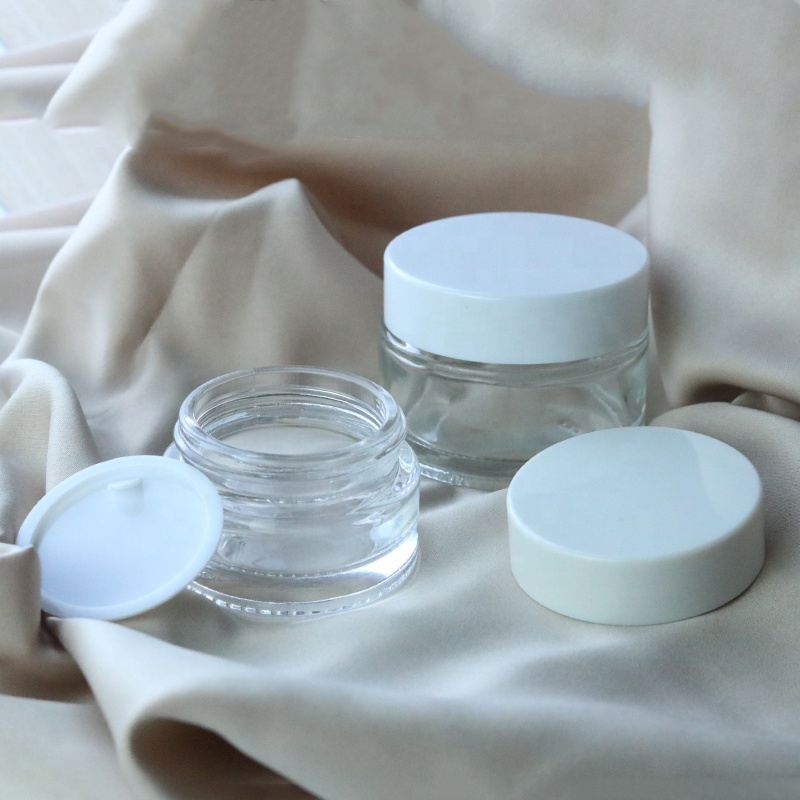Custom 5ml 10 ml 15ml 30ml 50g transparent clear skin care cosmetic glass jar with white top (GJM06 )