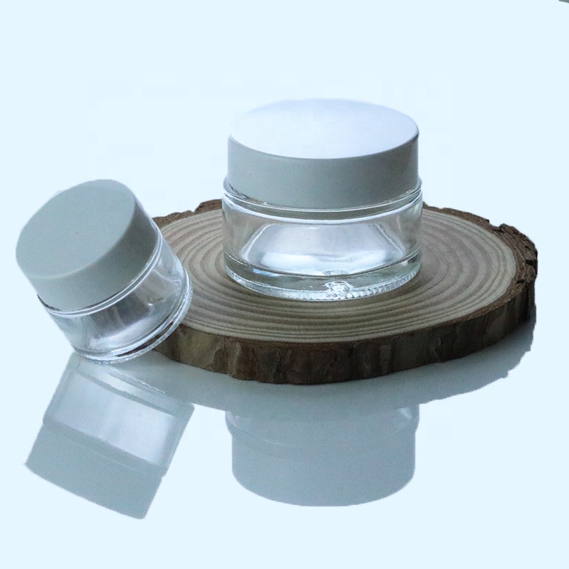 Custom 5ml 10 ml 15ml 30ml 50g transparent clear skin care cosmetic glass jar with white top (GJM06 )
