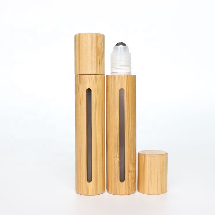 Custom 5ml 10ml 15ml essential oil glass roller bottle with bamboo cap roll on gemstone roller bottle
