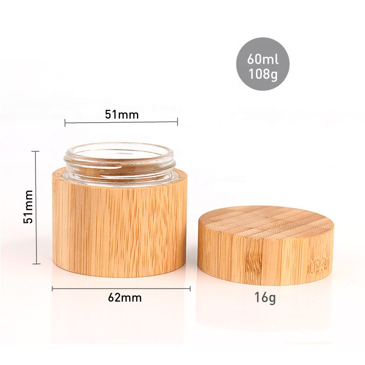 Custom 60ml 2oz bamboo cosmetic packaging glass container jar with bamboo lid