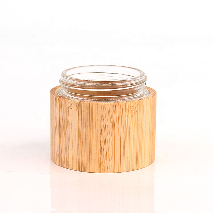 Custom 60ml 2oz bamboo cosmetic packaging glass container jar with bamboo lid