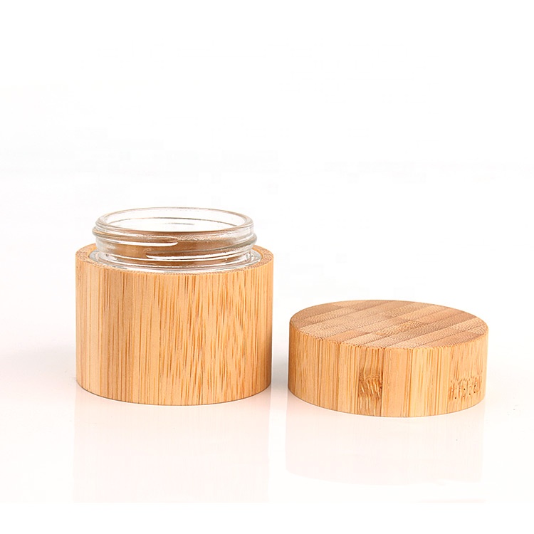 Custom 60ml 2oz bamboo cosmetic packaging glass container jar with bamboo lid