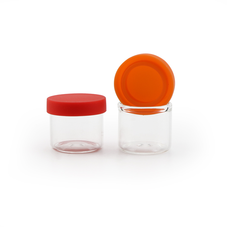 Custom 6ml clear high borosilicate CBD Wax Oil Concentrate Glass Jar Container for 1 Gram Oil with Colored Silicone Lid