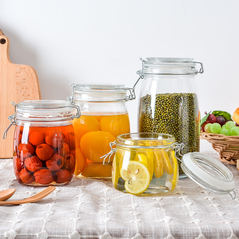 Custom 750ml Clear Round Kitchen Food Airtight Clip Glass Storage Jar with Glass Lid