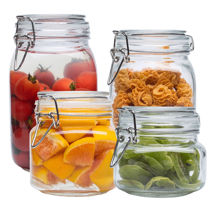Custom 750ml Clear Round Kitchen Food Airtight Clip Glass Storage Jar with Glass Lid