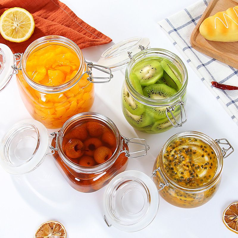 Custom 750ml Clear Round Kitchen Food Airtight Clip Glass Storage Jar with Glass Lid