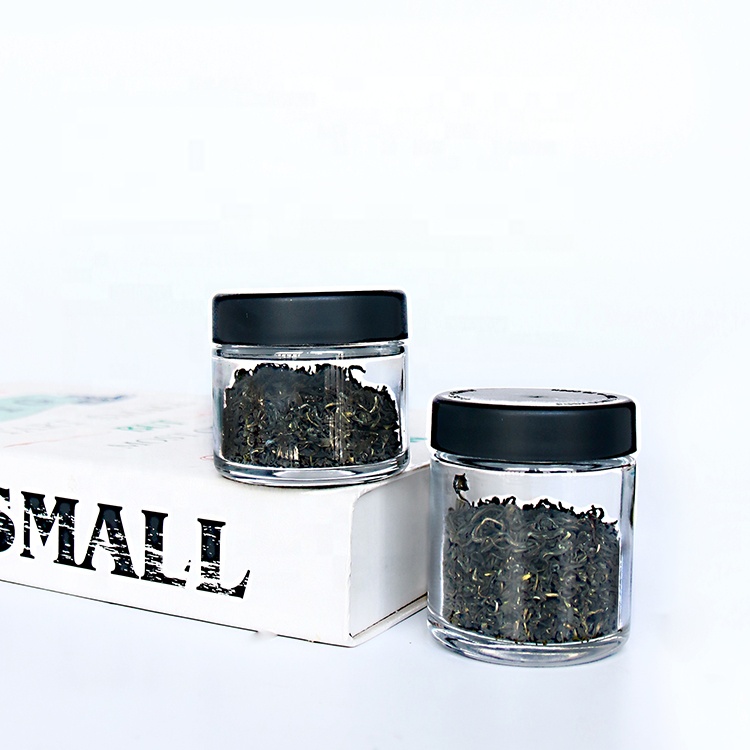 Custom Airtight 2oz 3oz 4oz Herb Storage Container Glass Stash Jars With Black Child Proof Lids