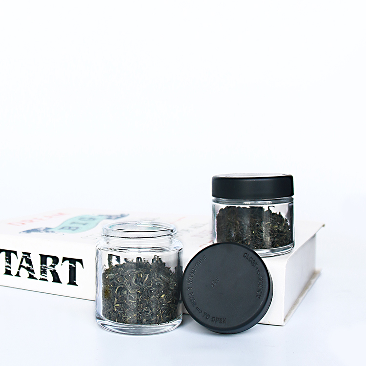 Custom Airtight 2oz 3oz 4oz Herb Storage Container Glass Stash Jars With Black Child Proof Lids