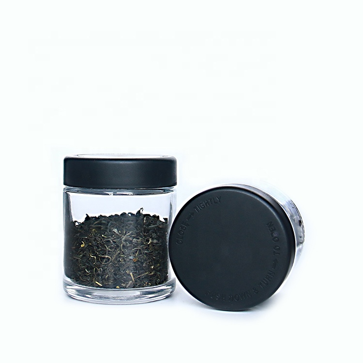 Custom Airtight 2oz 3oz 4oz Herb Storage Container Glass Stash Jars With Black Child Proof Lids