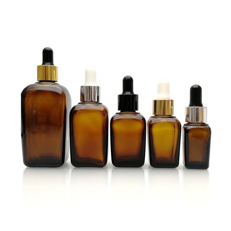 Custom Amber Square 15ml 30ml 1oz 50ml 100ml Serum Glass Dropper Bottle Empty Cosmetic Glass Bottle