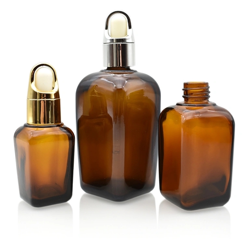 Custom Amber Square 15ml 30ml 1oz 50ml 100ml Serum Glass Dropper Bottle Empty Cosmetic Glass Bottle