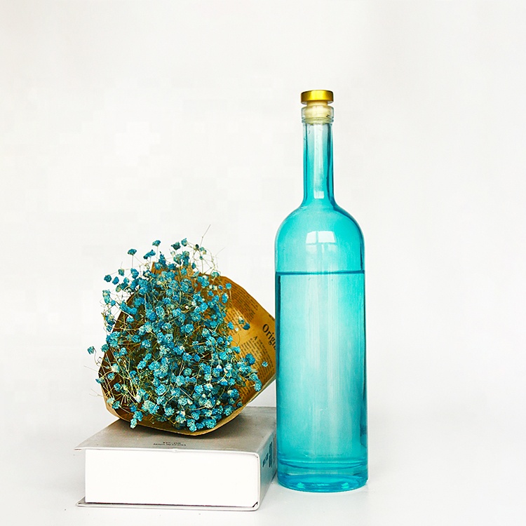 Custom Blue Painting 750ml Liquor Glass Bottles Vodka With Cork Top Stopper