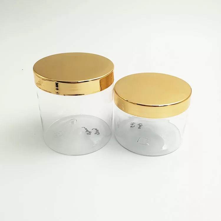 Custom Clear 100ml 120ml 150ml 200ml 250ml PET Food Jar with Gold Silver Lids and Logo Printing