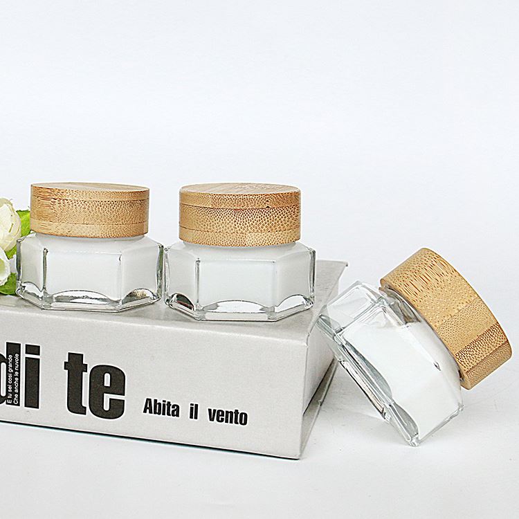 Custom Clear 50g 100g Wooden Lid Hexagonal Glass Cream Jar For Eye Cream