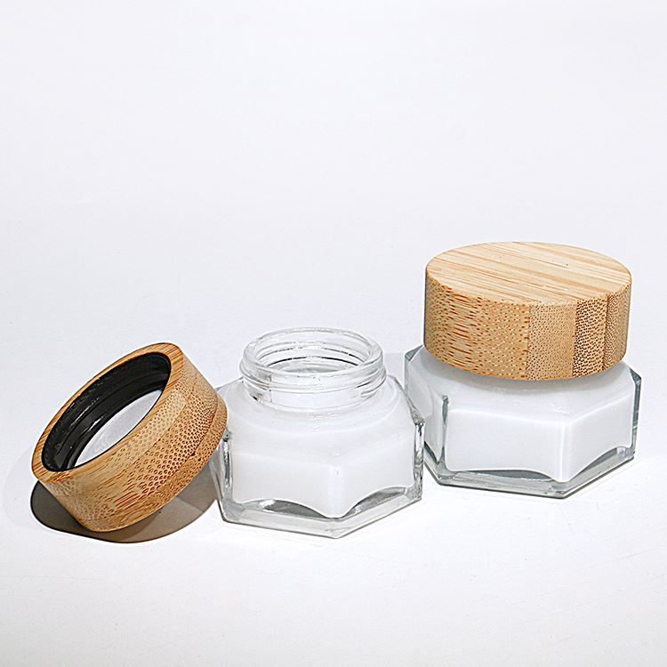 Custom Clear 50g 100g Wooden Lid Hexagonal Glass Cream Jar For Eye Cream