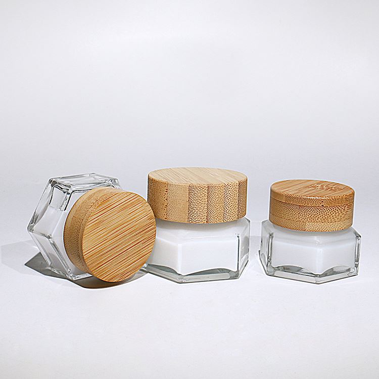 Custom Clear 50g 100g Wooden Lid Hexagonal Glass Cream Jar For Eye Cream