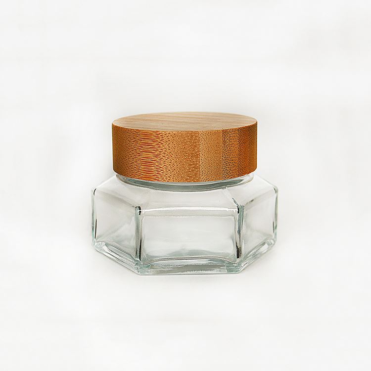 Custom Clear 50g 100g Wooden Lid Hexagonal Glass Cream Jar For Eye Cream