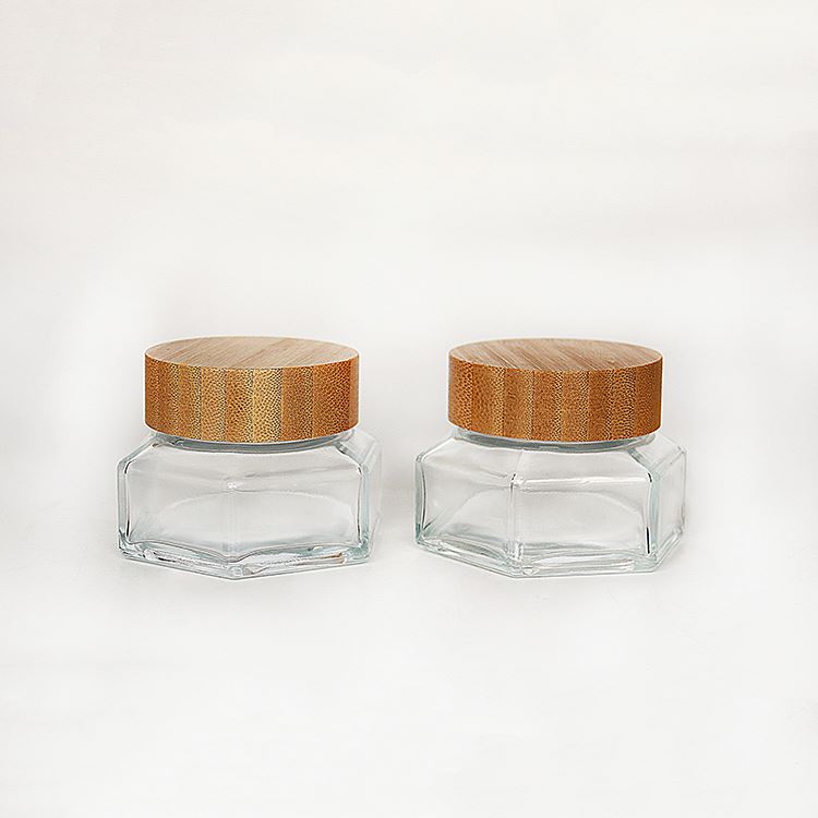 Custom Clear 50g 100g Wooden Lid Hexagonal Glass Cream Jar For Eye Cream